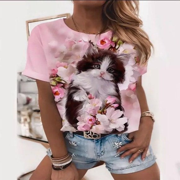 SendingPoshLove Boutique Tops - Pink 3D Cat Short Sleeve Floral T-Shirt L/XL